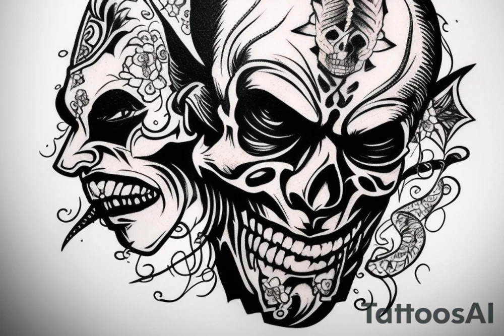 Wild west cowboy demon human face half skull tattoo idea