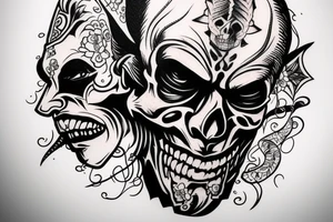 Wild west cowboy demon human face half skull tattoo idea