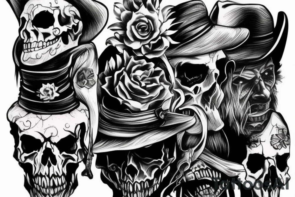 One face Wild west cowboy demon face half skull hunt showdown game tattoo idea