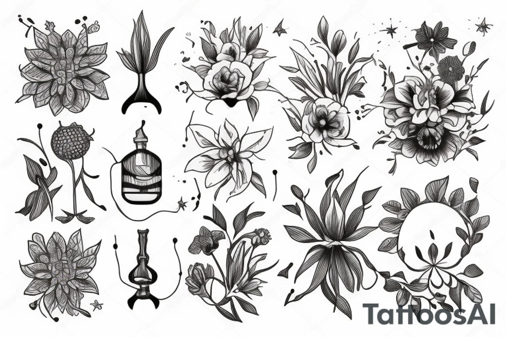 fine line chemical molecule of acetylcholine with flowers tattoo idea