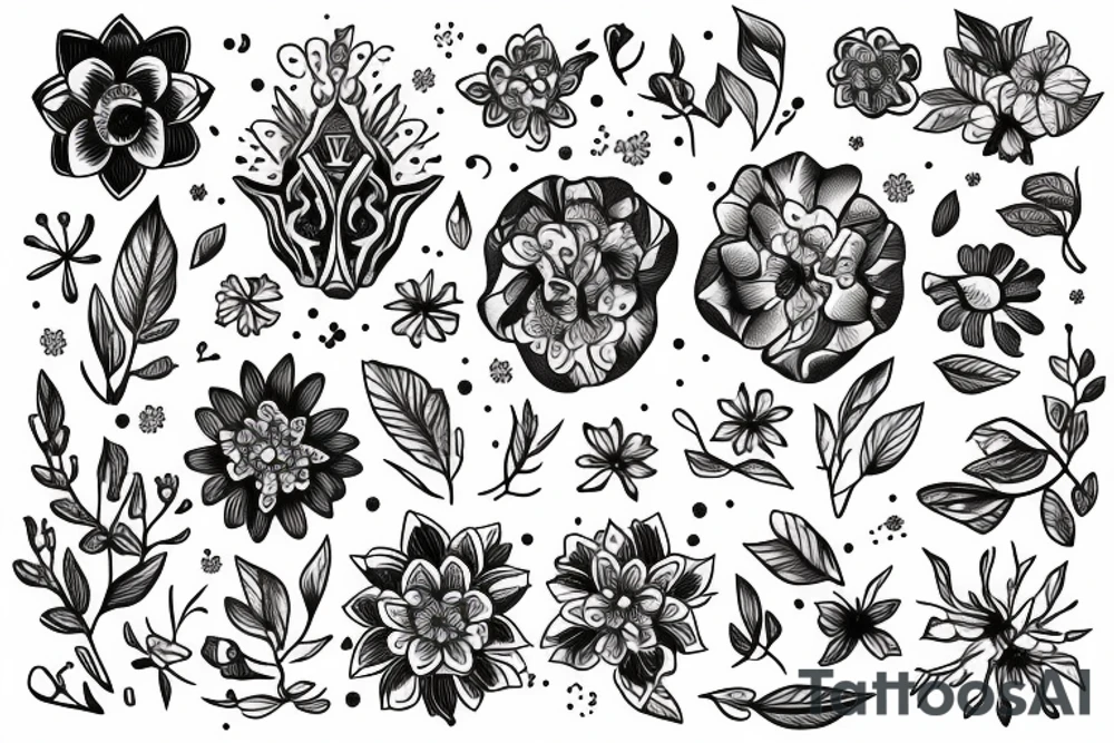 fine line chemical molecule of acetylcholine with flowers tattoo idea