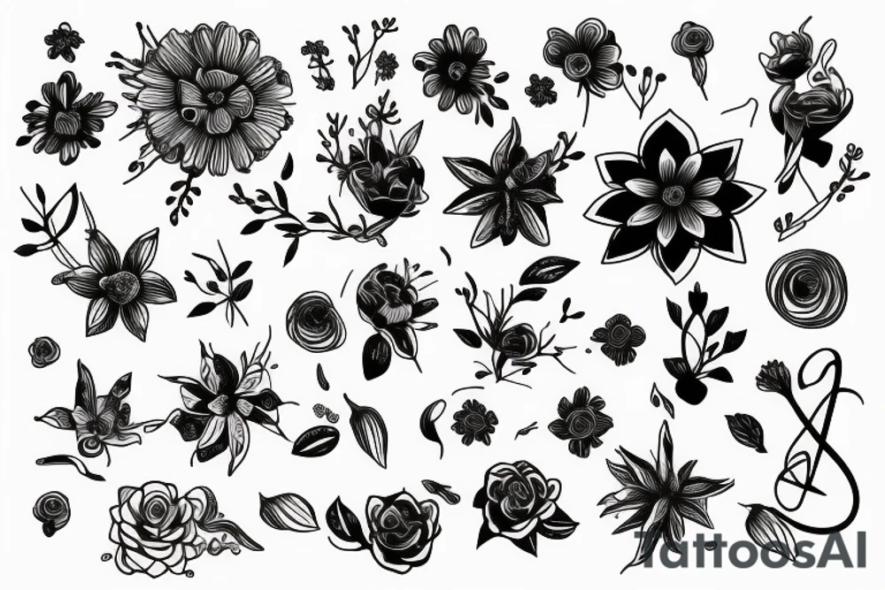 fine line chemical molecule of acetylcholine with flowers tattoo idea