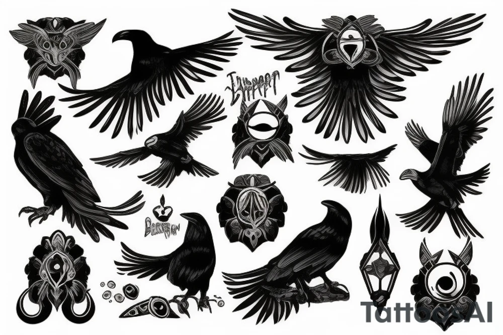 Black raven with glowing gold eyes tattoo idea