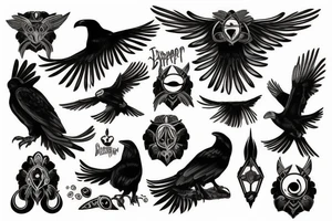 Black raven with glowing gold eyes tattoo idea