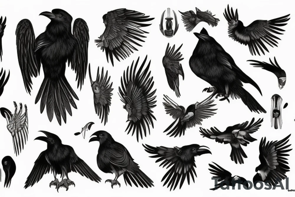 Black raven with glowing yellow eyes tattoo idea
