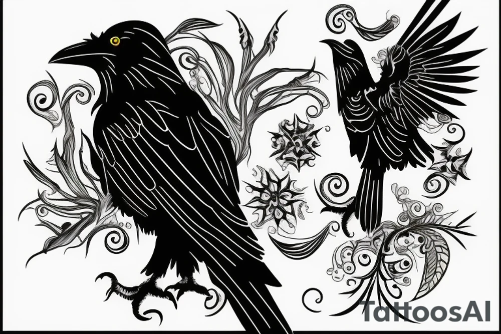 Black raven with glowing yellow eyes tattoo idea