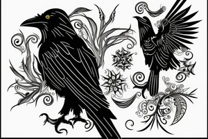 Black raven with glowing yellow eyes tattoo idea