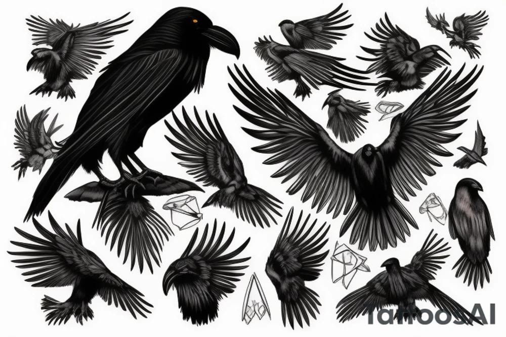 Black raven with glowing eyes tattoo idea