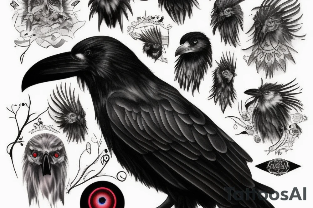 Black raven with glowing eyes tattoo idea