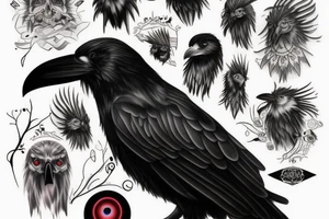 Black raven with glowing eyes tattoo idea
