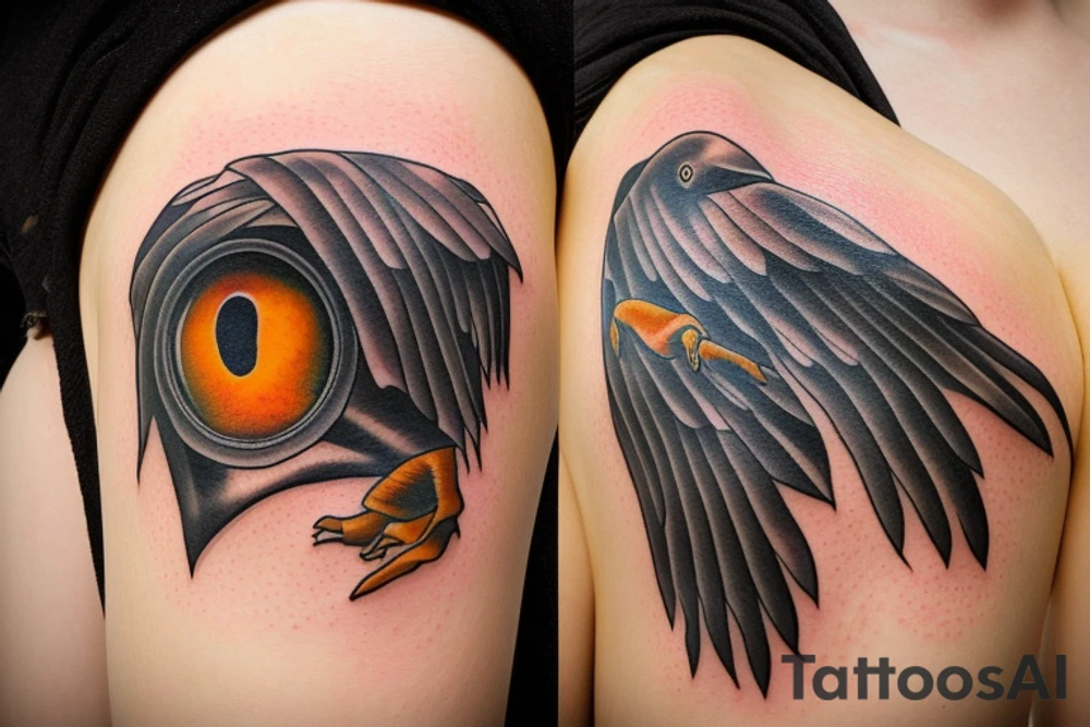 Raven flying with golden eyes tattoo idea