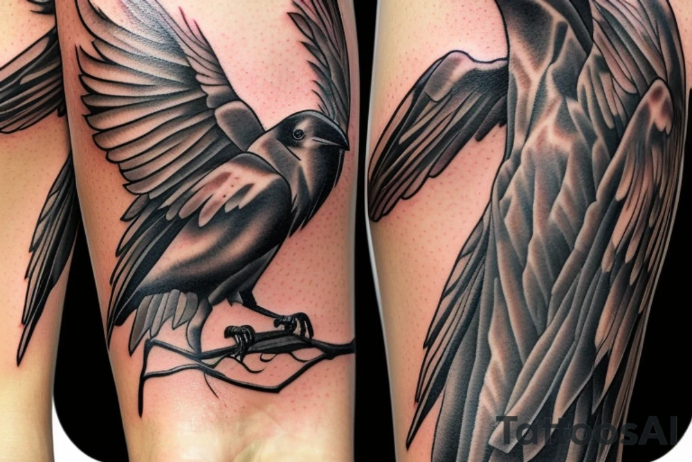 Raven flying with golden eyes tattoo idea