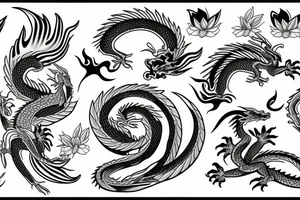 dragon, flow, lotus, flowers tattoo idea