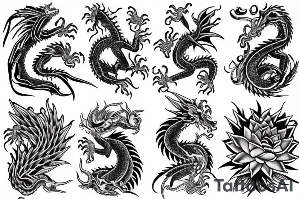 dragon, flow, lotus, flowers tattoo idea