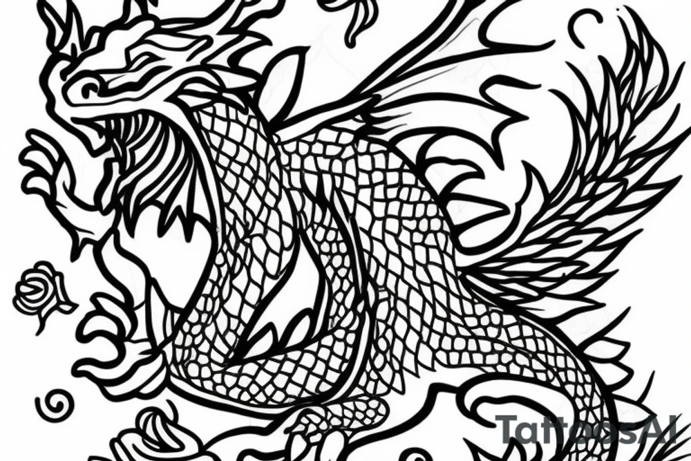 dragon with lotus flowers around it tattoo idea