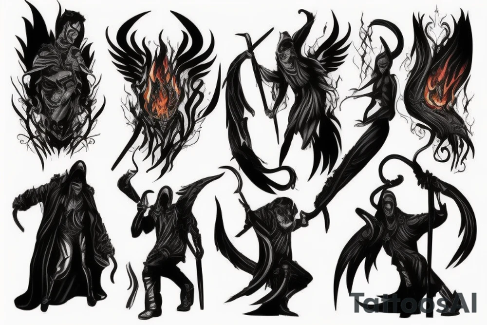 tall and menacing beings who can shroud themselves in fire, darkness, and shadow. They are armed with fiery whips tattoo idea
