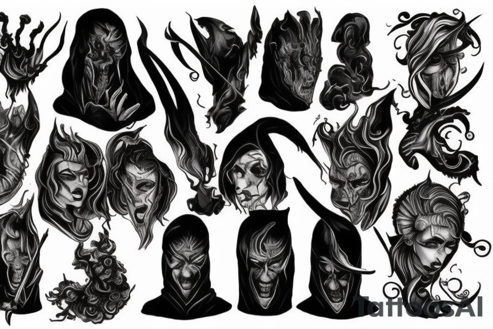 tall and menacing beings who can shroud themselves in fire, darkness, and shadow. They are armed with fiery whips tattoo idea