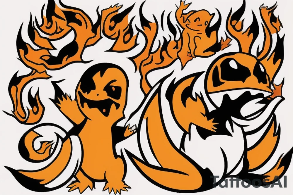 charmander from pokemon but evil and dark flames tattoo idea