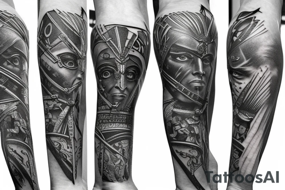 Roman warrior arm sleeve tattoo idea