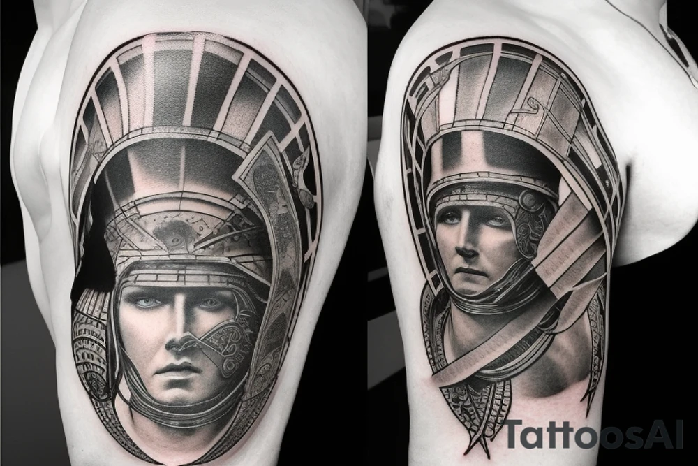Roman warrior arm sleeve tattoo idea