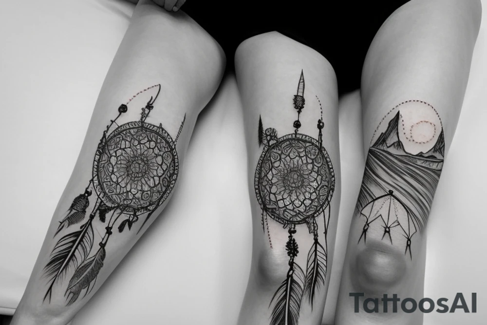 leg sleeve with mountains, flowers, dream catcher tattoo idea