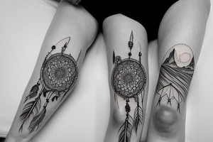 leg sleeve with mountains, flowers, dream catcher tattoo idea