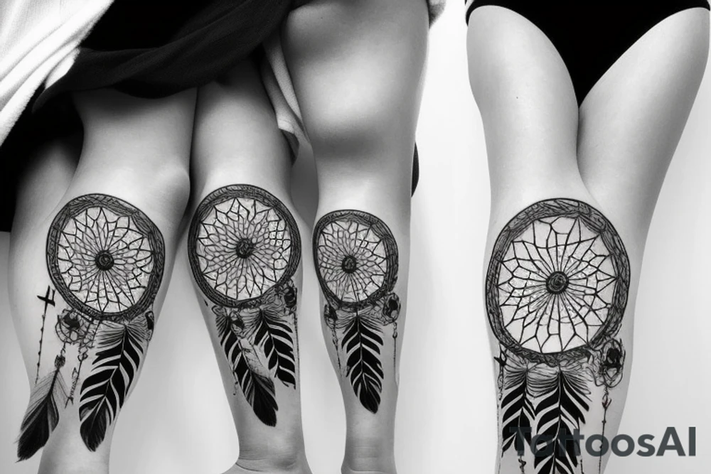 leg sleeve with mountains, flowers, dream catcher tattoo idea