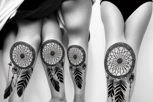 leg sleeve with mountains, flowers, dream catcher tattoo idea