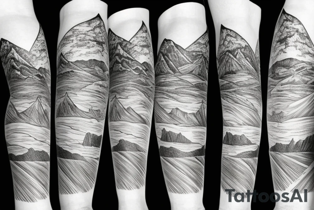 leg sleeve with mountains and lake tattoo idea