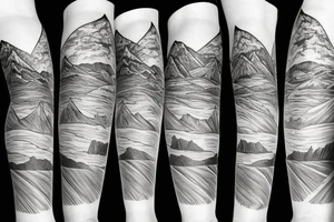 leg sleeve with mountains and lake tattoo idea