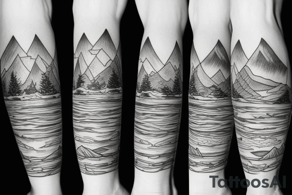leg sleeve with mountains and lake tattoo idea