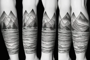 leg sleeve with mountains and lake tattoo idea