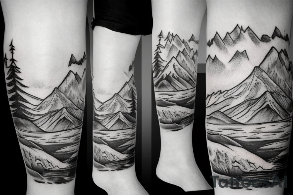 leg sleeve with mountains and lake tattoo idea