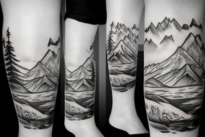 leg sleeve with mountains and lake tattoo idea
