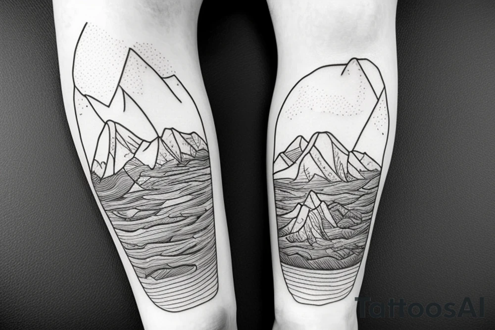 leg sleeve with mountains and lake tattoo idea