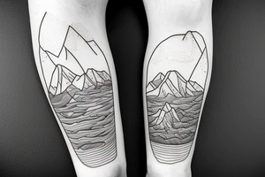 leg sleeve with mountains and lake tattoo idea
