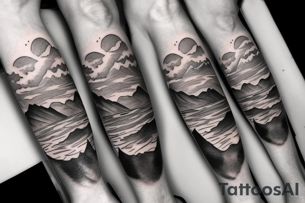 leg sleeve with mountains and lake and sun shining through clouds tattoo idea