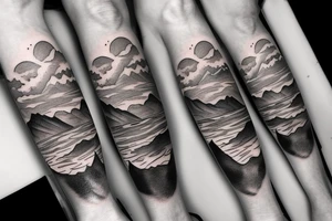 leg sleeve with mountains and lake and sun shining through clouds tattoo idea