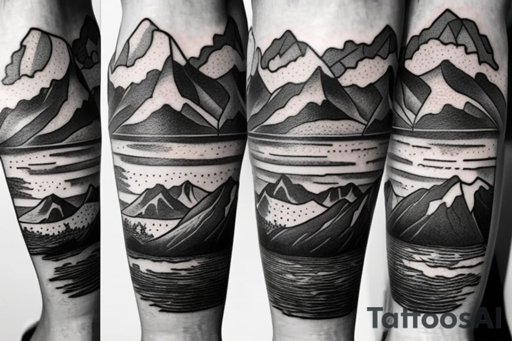 leg sleeve with mountains and lake and sun shining through clouds tattoo idea