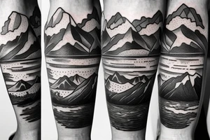 leg sleeve with mountains and lake and sun shining through clouds tattoo idea