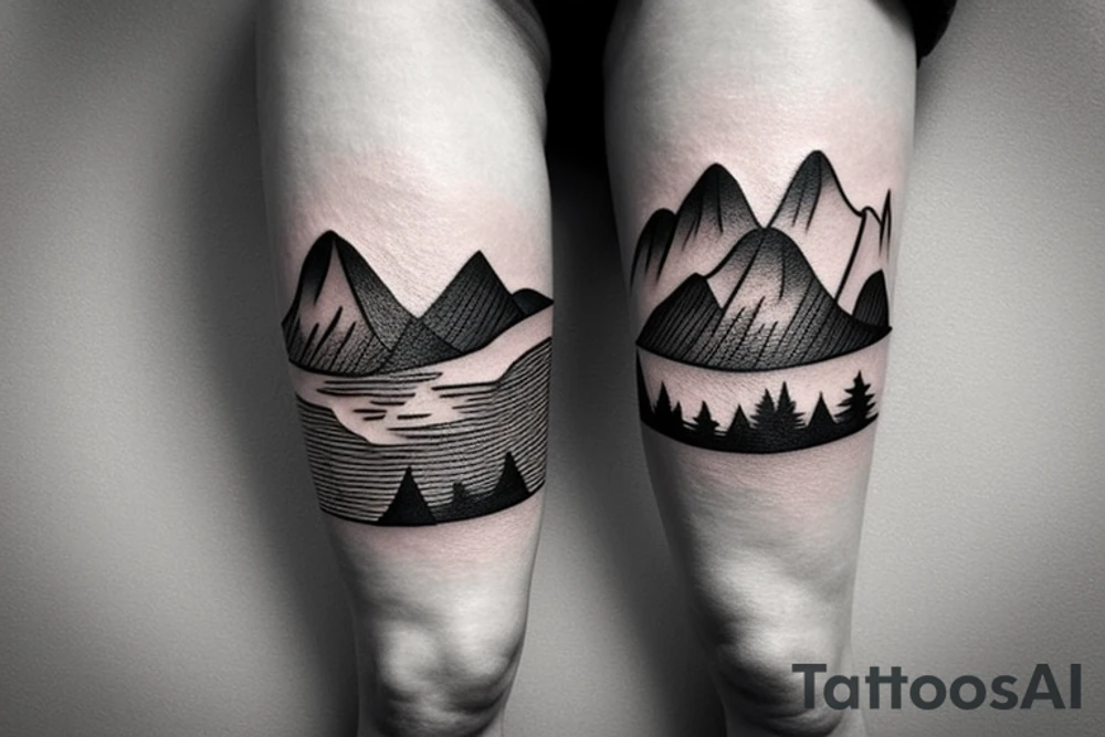 leg sleeve with mountains and lake and sun shining through clouds tattoo idea