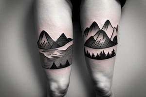 leg sleeve with mountains and lake and sun shining through clouds tattoo idea