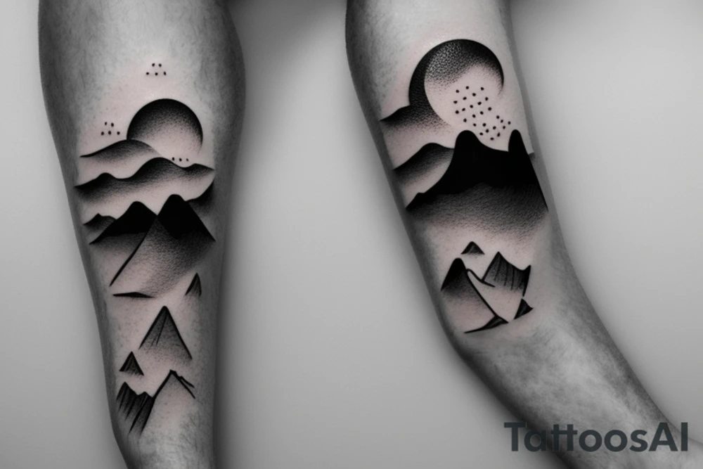 leg sleeve with mountains and lake and sun shining through clouds tattoo idea