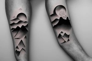 leg sleeve with mountains and lake and sun shining through clouds tattoo idea