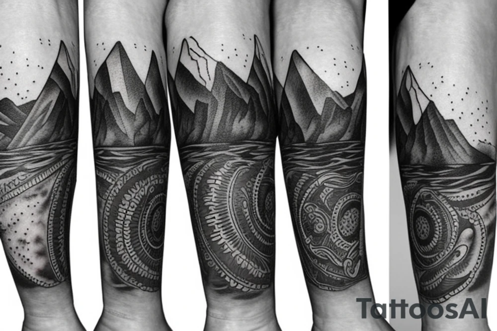 leg sleeve with mountains and lake and sun shining through clouds tattoo idea
