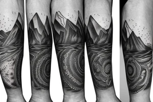leg sleeve with mountains and lake and sun shining through clouds tattoo idea