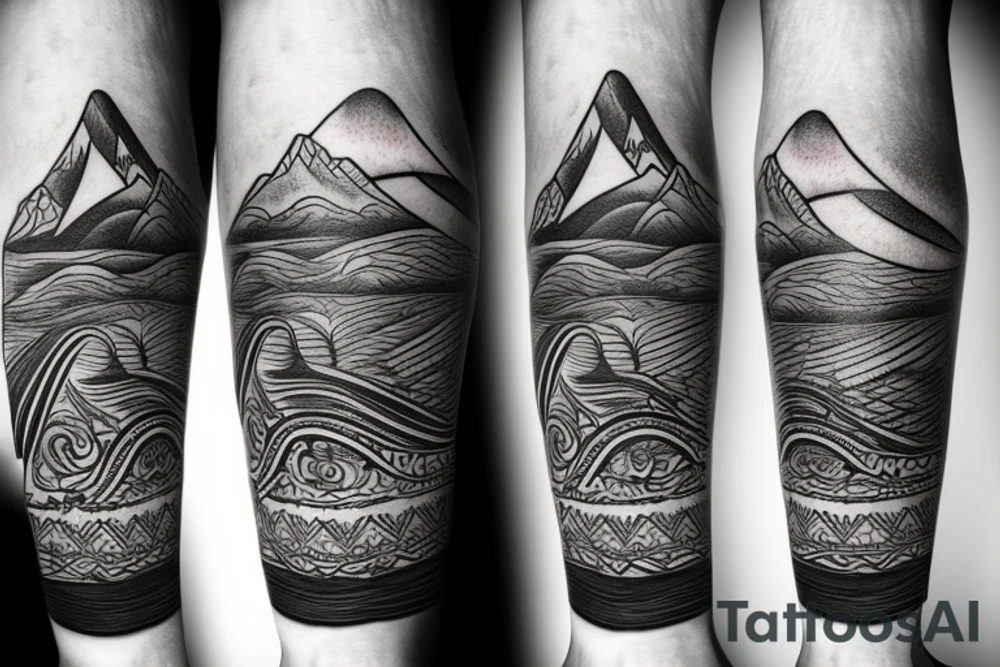 leg sleeve with mountains and lake and sun shining through clouds tattoo idea