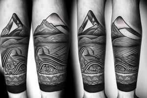 leg sleeve with mountains and lake and sun shining through clouds tattoo idea
