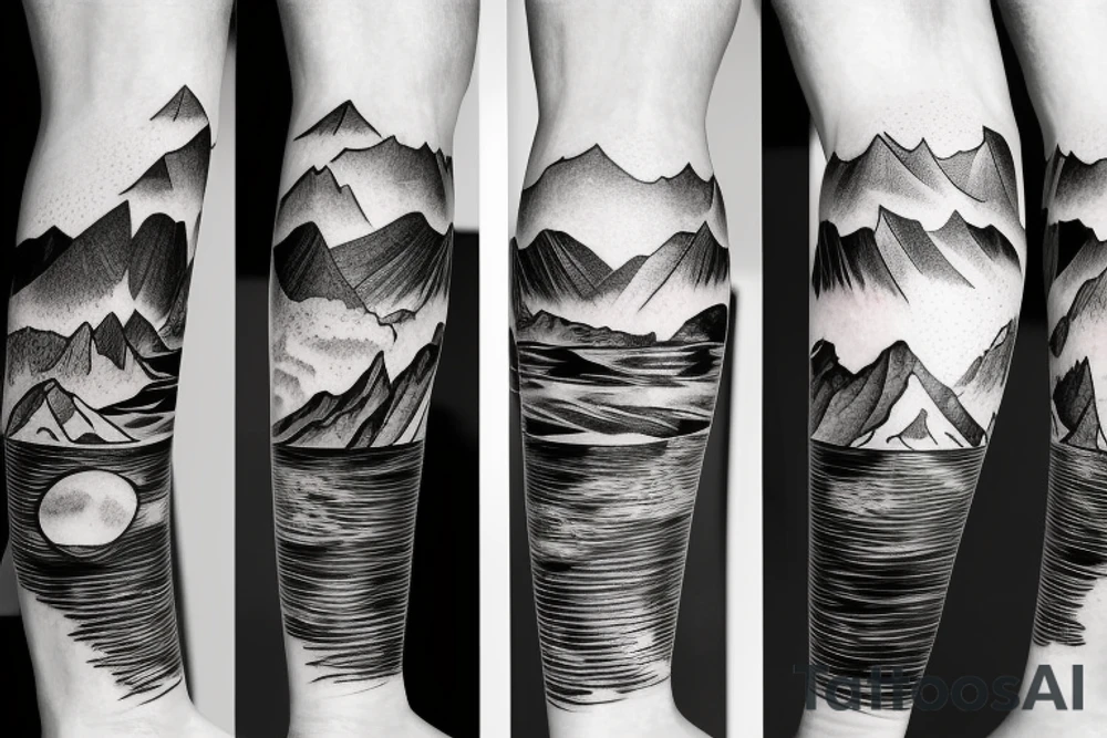leg sleeve with mountains and lake and sun shining through clouds tattoo idea