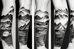 leg sleeve with mountains and lake and sun shining through clouds tattoo idea